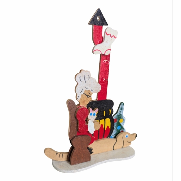 Vintage Schmidt Emgee Wooden Christmas Ornament Lady with Cat and Dog Fireplace - Picture 2 of 9